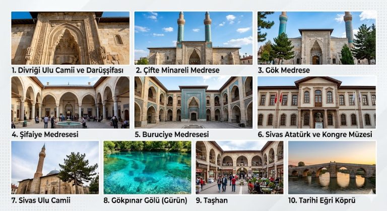 Sivas'ta görülmesi gereken ilk 10 yerin listesi şu şekildedir:Divriği Ulu Camii ve Darüşşifası,Çifte Minareli Medrese,Gök Medrese,Şifaiye Medresesi,Buruciye Medresesi,Sivas Atatürk ve Kongre Müzesi,Sivas Ulu Camii,Gökpınar Gölü (Gürün),Taşhan,Tarihi Eğri Köprü...